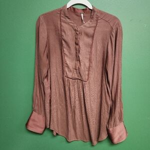Free People Brown Pleated Boho Tunic Blouse Long Sleeve Size Large